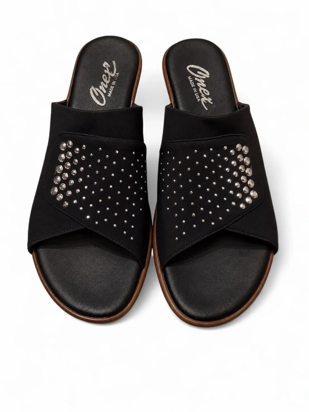Onex Black Slip-On Wedge Mules with Stud Accents Size 10